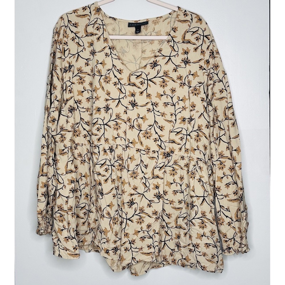 Lane Bryant Babydoll Top Women's Size 22 Beige Black Floral Smocked Long Sleeve